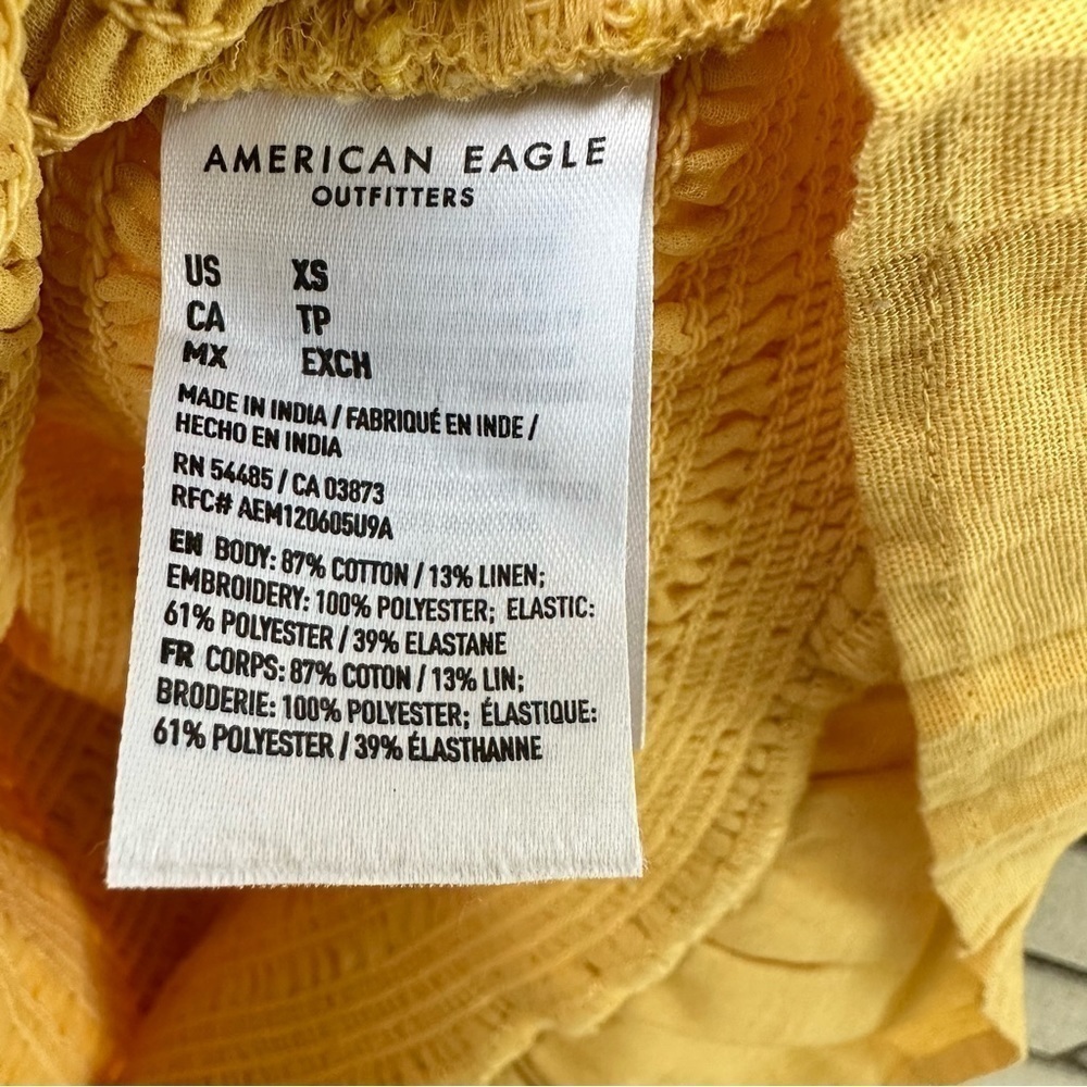 American Eagle Yellow Smocked Linen Mini Dress Ruffle Hem Summer Bodycon XS - Picture 7 of 9